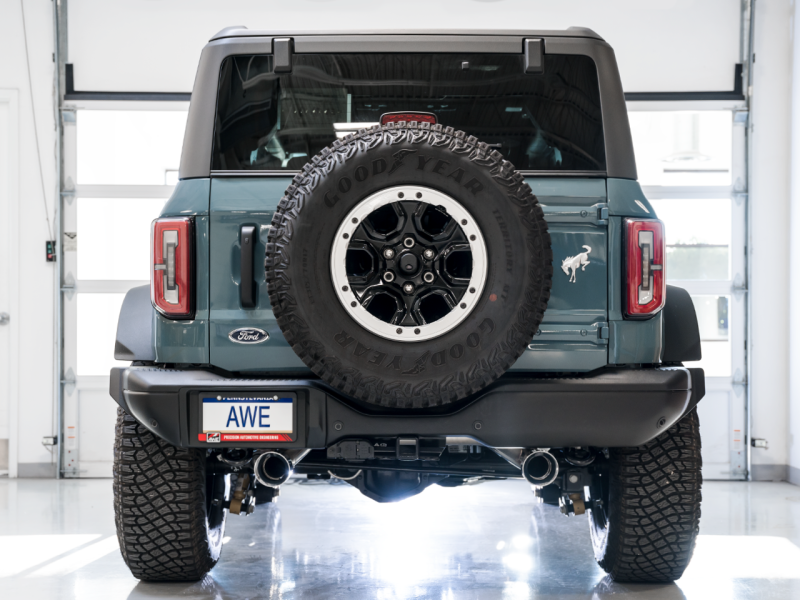 AWE Tuning 0FG Dual Rear Exit Exhaust w/Chrome Silver Tips & Bash Guard - 2021+ Ford Bronco - AWE3015-32456