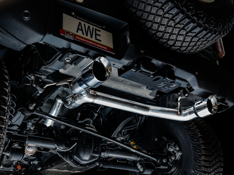 AWE Tuning 0FG Dual Rear Exit Exhaust w/Chrome Silver Tips & Bash Guard - 2021+ Ford Bronco - AWE3015-32456