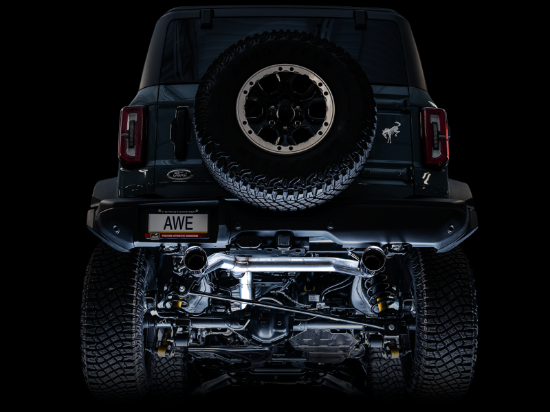 AWE Tuning 0FG Dual Rear Exit Exhaust w/Chrome Silver Tips & Bash Guard - 2021+ Ford Bronco - AWE3015-32456